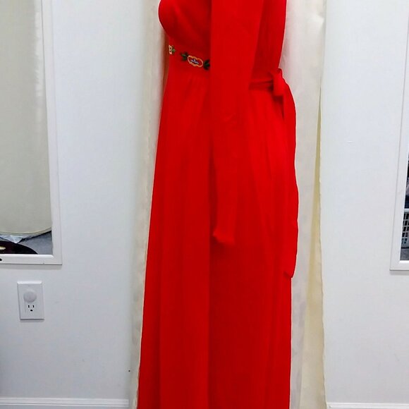1970's Vintage Red Maxi Peasant Dress w/ Embroidered Waistband by Styled by Mr. - Picture 6 of 10